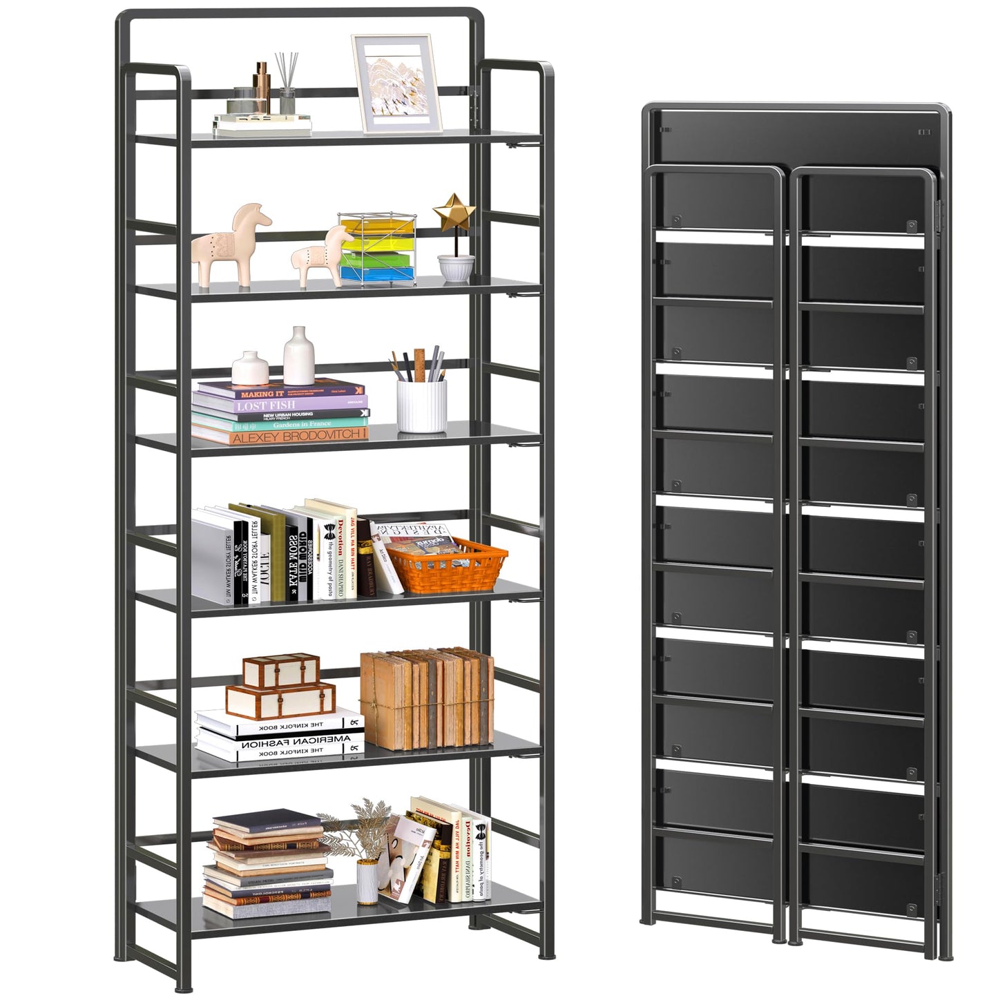 4NM No Assembly 6 Tiers Folding Bookshelf Storage Shelves Vintage Bookcase Standing Racks Study Organizer Home Office (Pink White)