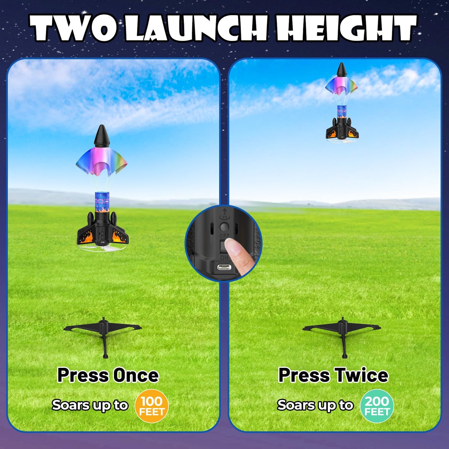 Ovaasy Rocket Launcher for Kids, 200 ft Self Launching Motorized Rocket Toy with LED and Safety Parachute Land, Outdoor Toys Cool Birthday for Boys Ages 8-12 (Orange)