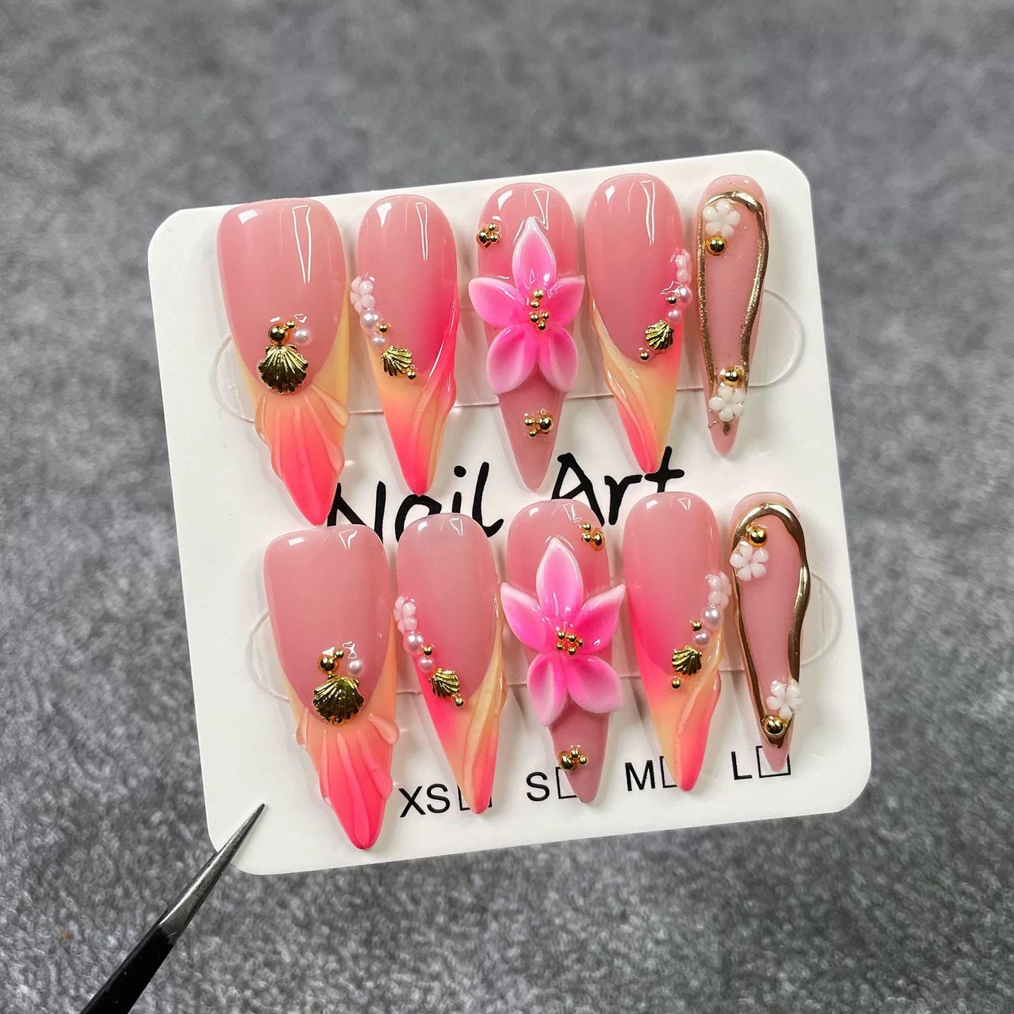 Threelegscat Handmade Press on Nails Long Almond Shape Fake Nails Stiletto Nail With Design for Women and Girls 10pcs Size M Pattern St1151