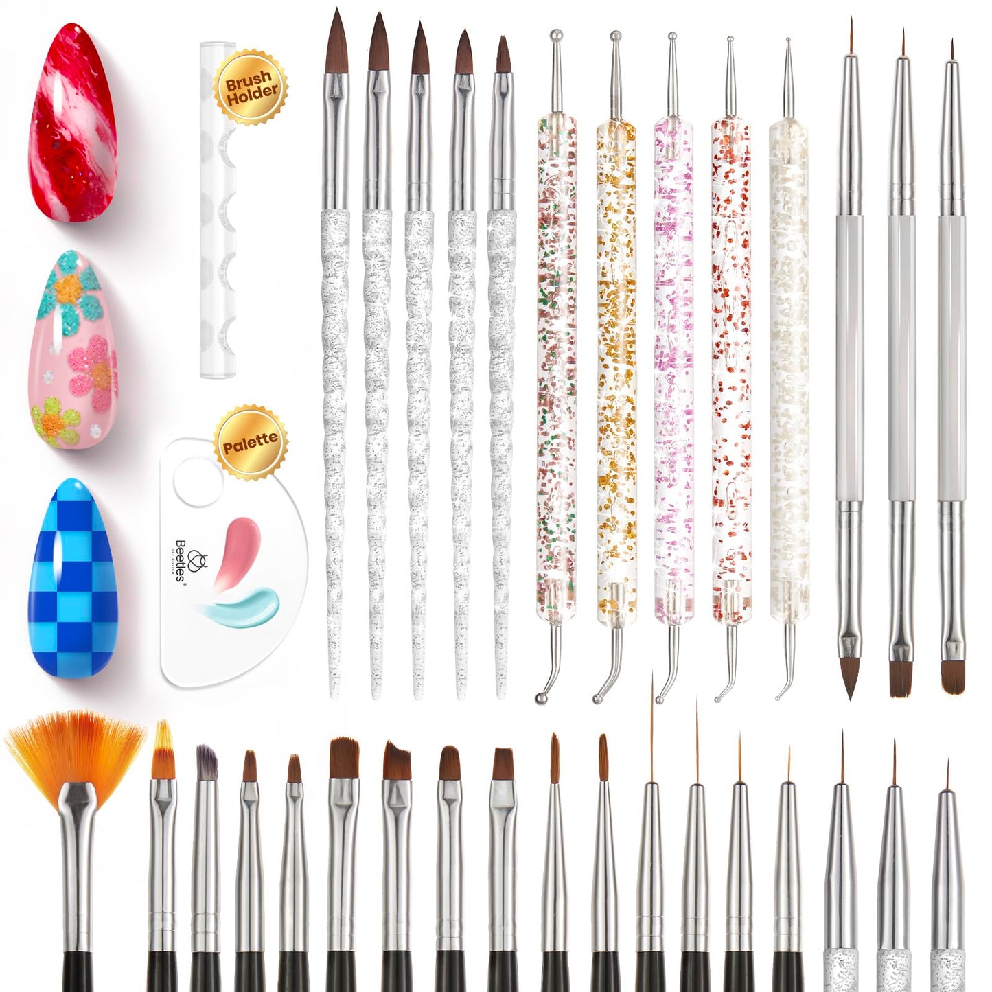 Beetles 5PCS Nail Art Dotting Tools Sculpture Pen Sculpting Tools & 31pcs Art Nail Brushes with Palette Holder All in One for Starter Manicure Design Set