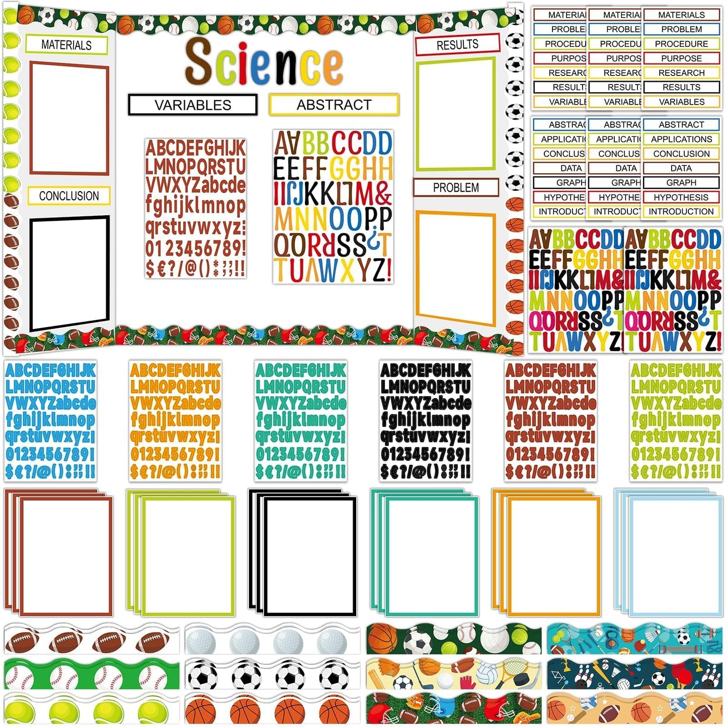 122 Pcs Science Fair Board Supplies 72 Sports Football Trim Scalloped Borders 36 Presentation Board Subtitle 6 Self Adhesive Project Title 8 Letter Sticker for Classroom Office Display Decor(Sports)