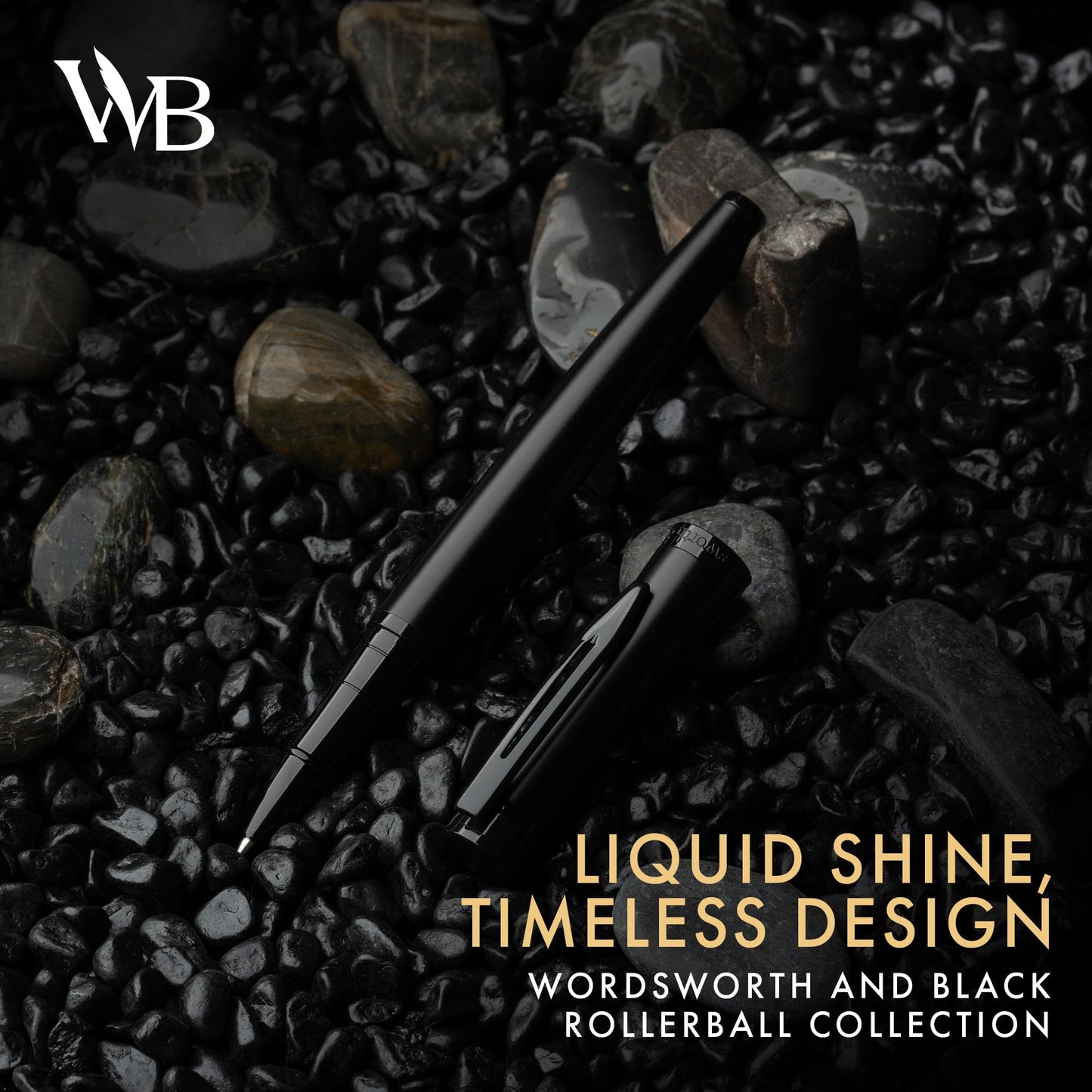 Wordsworth and Black Rollerball Pen - Luxury Pen - All Black Lacquer Finish, Ink Refill, Refillable Gift for Men & Women, Professional Writing, Nice and Fancy Pens and for Work