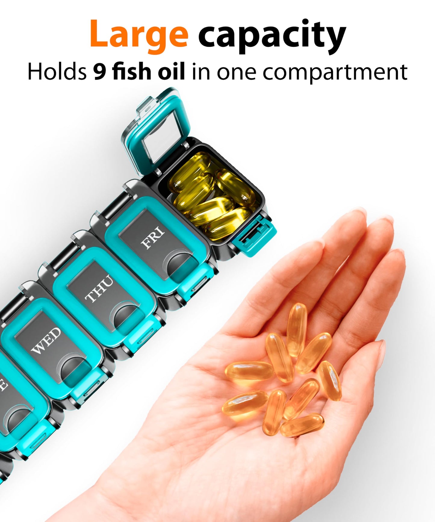 Weekly Pill Organizer 1 time a Day – Pill Box 7 Day with Enhanced Waterproof Seal, Large compartments Hold Big Vitamins & Supplements, Upgraded Locking lids, for Home & Travel use, Durable Hard case