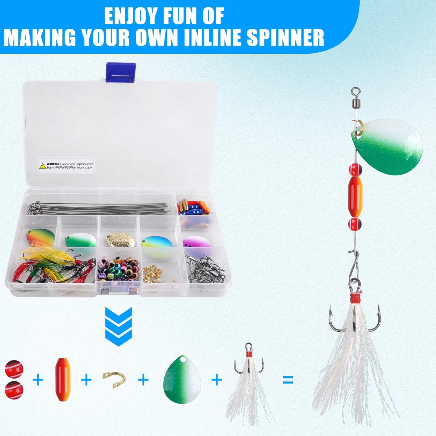 195pcs Spinner Making Kit Fishing Lure Making Kit Spinnerbaits Spinner Blade Clevis Feather Treble Hooks DIY Make Your Own Lure Set for Bass Trout Walleye Lures Fishing Gifts