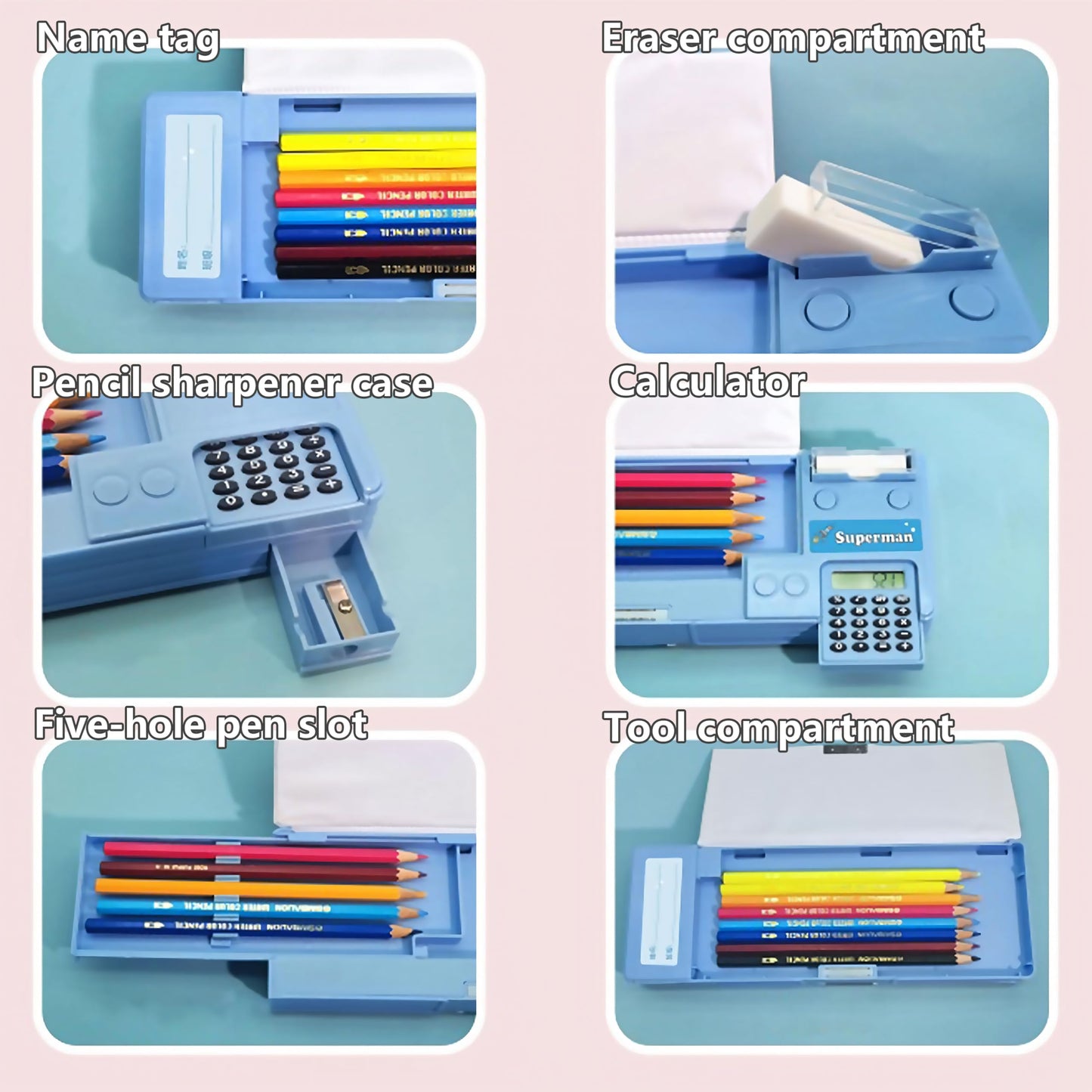 Ristpal Pop Up Multifunction Pencil Case for Boys and Girls with Calculator, Sharpener, Cute School Supplies Pencil Box, Stationery Organizer, Best Gift Birthday Present for Kids(Blue)