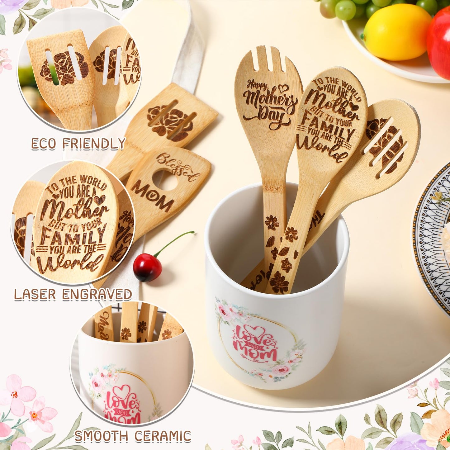 Baderke 8 Pcs Mother's Day Gifts for Mom Ceramic Utensil Holder with Wooden Spoon Set Kitchen Gadget Utensil Wooden Spatulas Set Cooking Mom Gift Cooking Tool for Hostesses Warming Kitchen Accessories
