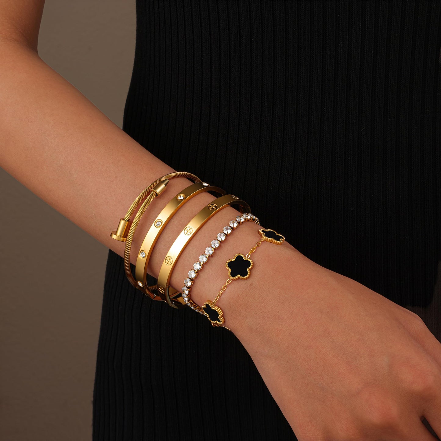 RIVOWMKI 18K Gold Plated Bracelet Set for Women, Sparkling CZ Bangle Adjustable Tennis Bracelet, Stackable Clover Jewelry, Non Tarnish Non Fade Long Lasting Shine for Client Meeting Afternoon Tea