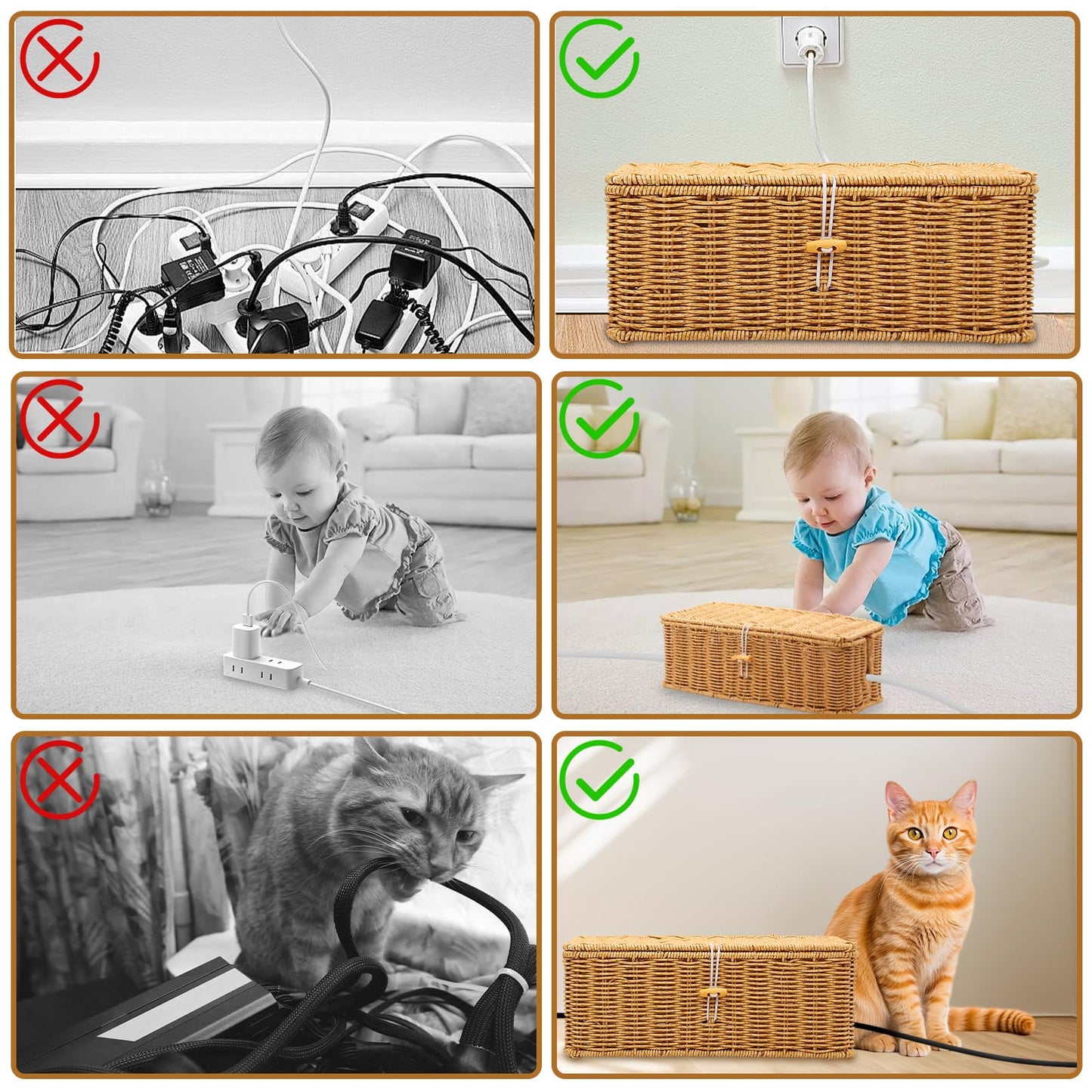 2PCS Cable Management Box, Handmade Rattan Cable Organizer, Open Slots Cords Hider Box Cord Basket Under Desk Cord Organizer for Computer Router USB Hub & Power Strip