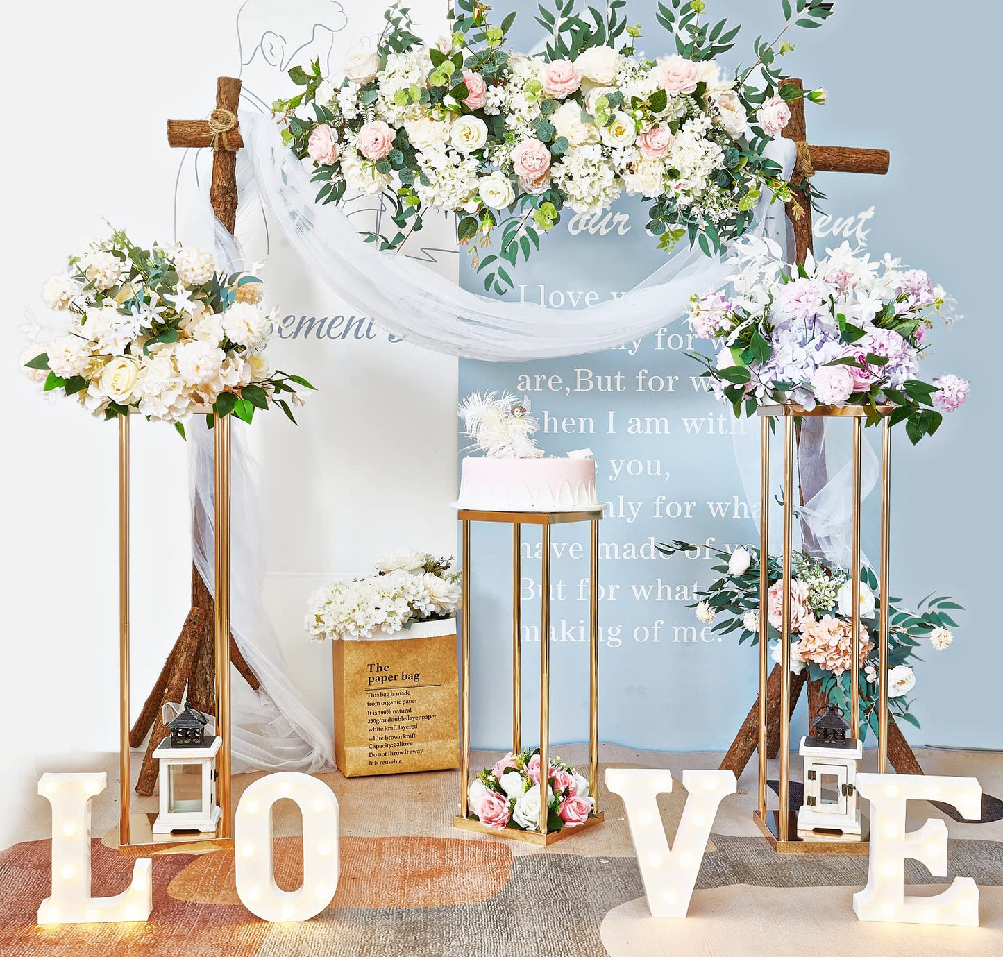 Geometric Gold Vases for Wedding Centerpieces - 31.5" Artificial Flower Display Stands, Set of 2 Elegant Flower Racks for Wedding Christmas Carnival Party Dinner Event Home Decor