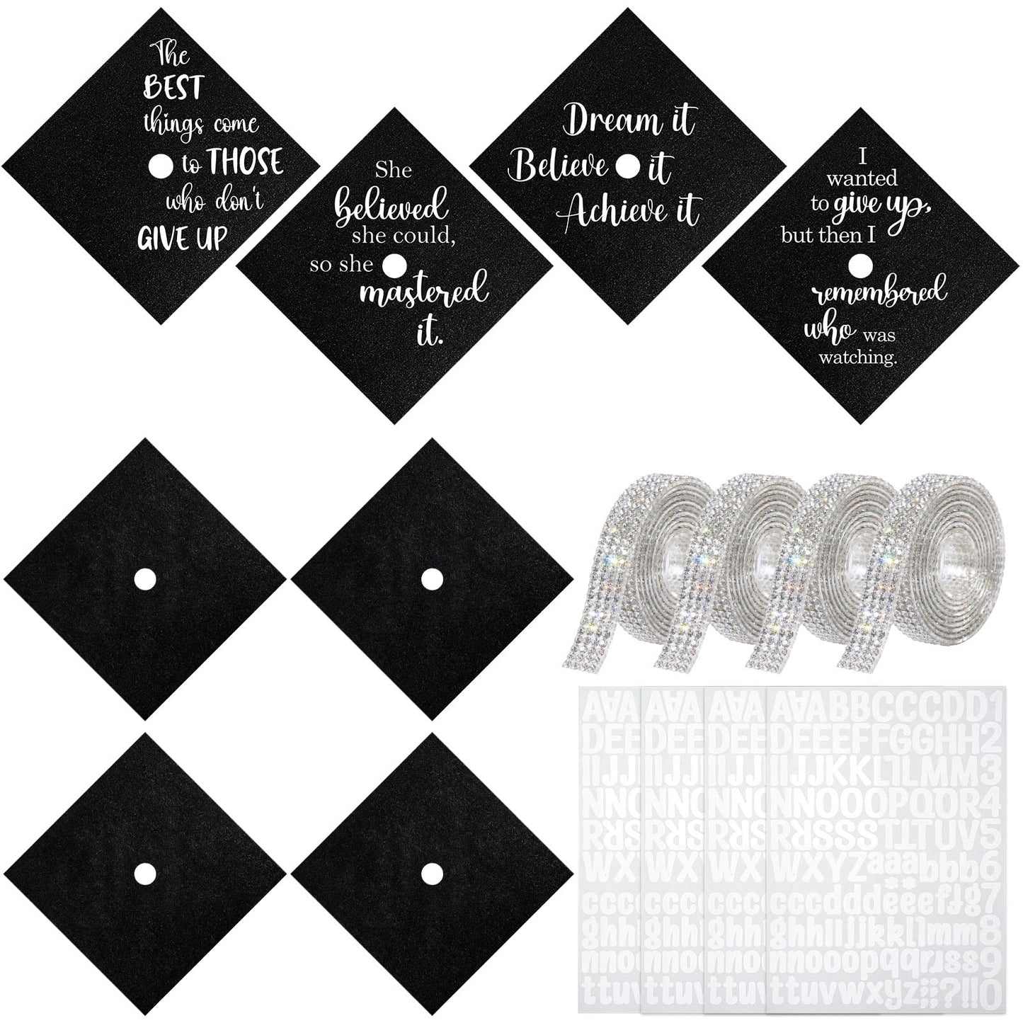 Dunzoom Black 16 Pcs Graduation Cap Decorations Kit Glitter DIY Cardstock Paper Letter Sticker for Graduation Hat Topper