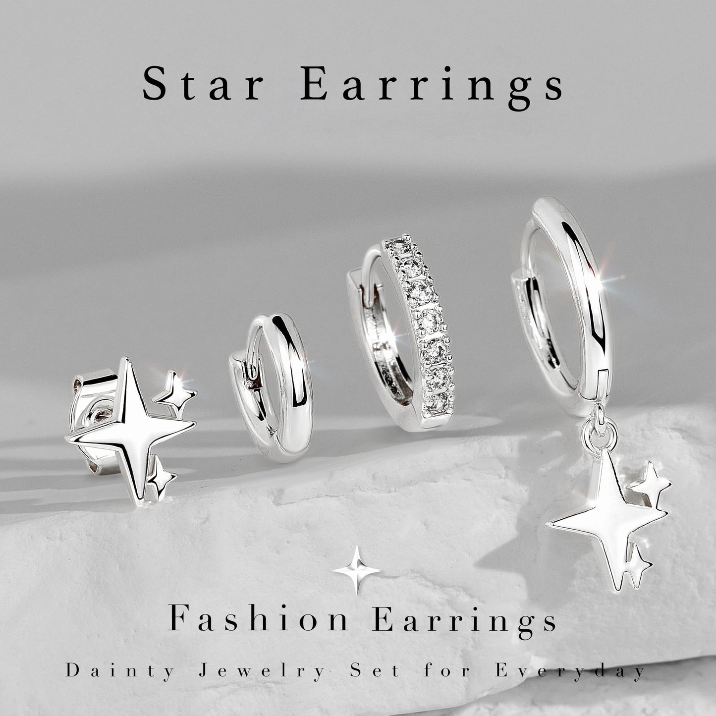 Silver Star Earrings for Women,Huggie Small Stack Cartilage Hoop Star Stud Earring Sets for Multiple Double Piercing, Conch Helix Rook Tragus Daith Piercing Silver Clip On Jewelry Set Gifts