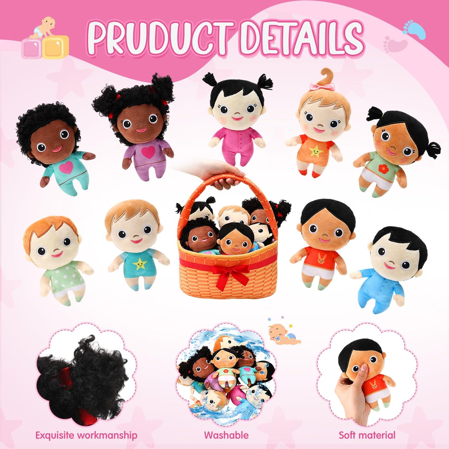 HyDren 10 Pcs Multicultural Plush Dolls with Basket, Diverse Soft Stuffed Dolls for Kids, Inclusive Toys for Preschool Classroom Daycare, Cultural Awareness Gift Set for Boys Girls