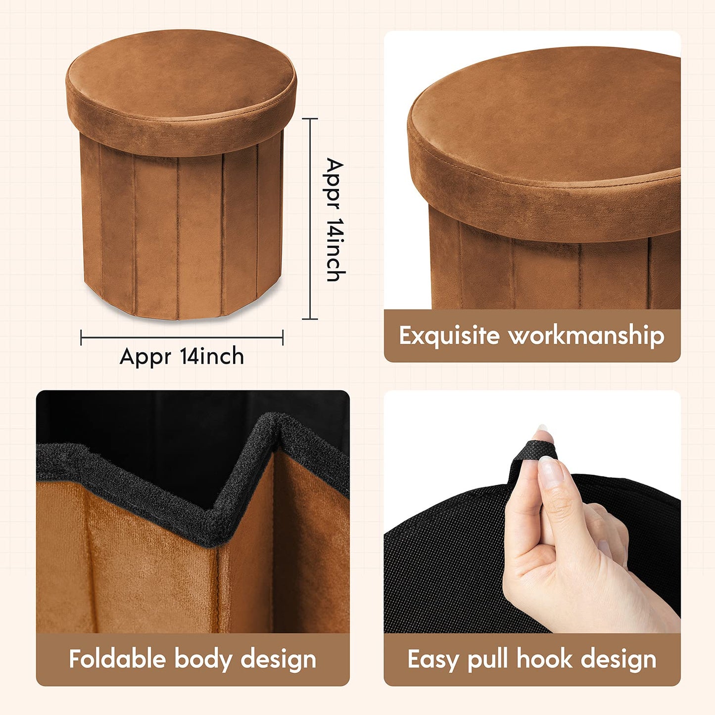 Phantoscope Storage Ottoman Round15 Inch, Velvet Folding Storage Boxes Footrest Foot Ottoman Toy Box, Padded Seat for Dorm Living Room Bedroom, Support 220lbs Brown