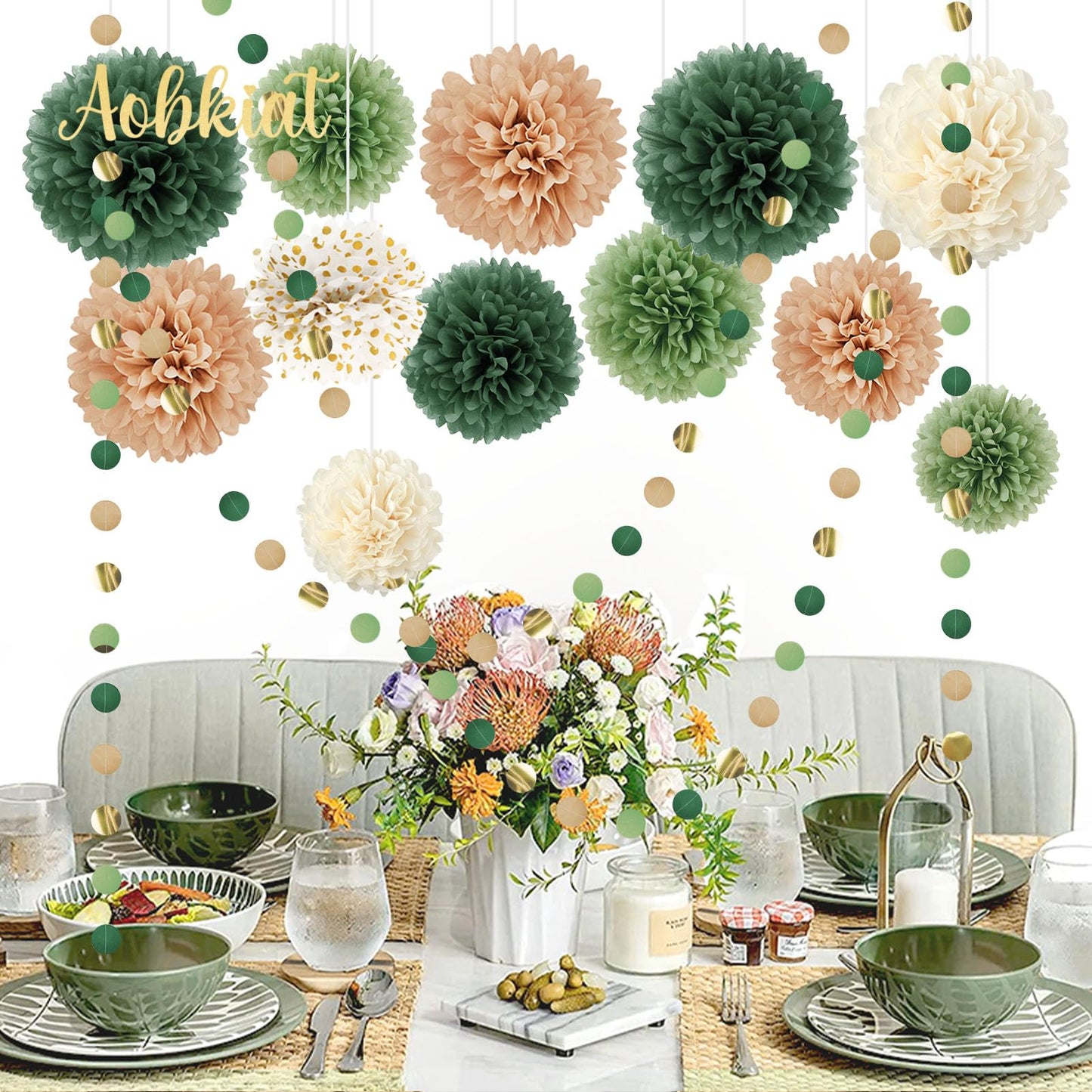 AOBKIAT Wedding Party Decorations Set,15PCS Green Tissue Paper Pom Poms,Dots Paper Garland String Hanging Backdrop for Engagement,Green Boho Wedding,Baby Shower