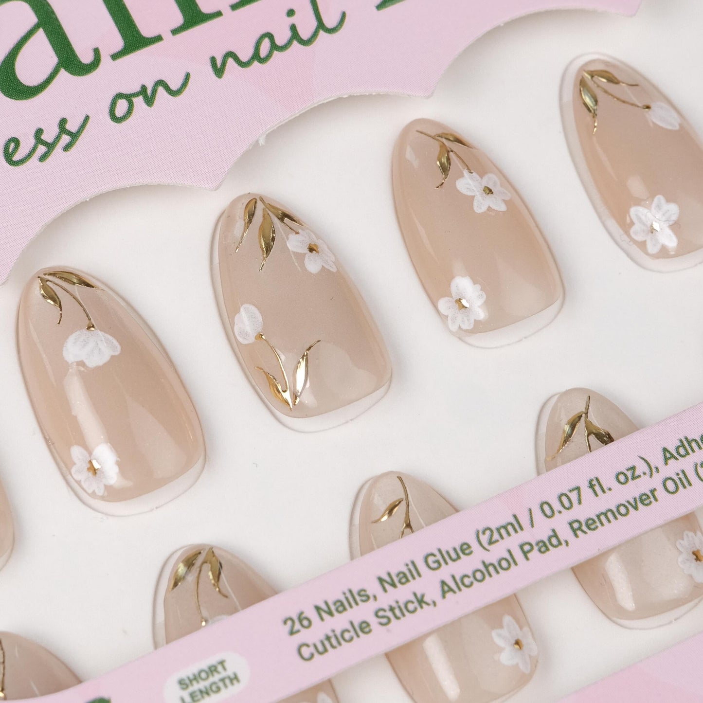 Nailique Press On Nails Short Almond – Handmade White Floral Soft Gel with Gold Foil Spring Design, 26pcs Reusable Nail Tips with Lamp-Curable Glue, Salon Quality Bridal Wedding Manicure