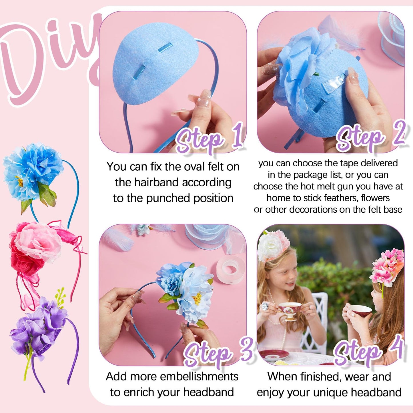 Windkream 353 Pcs Headband Making Kit for Women Include 12 Headbands 24 Fake Flowers 300 Feathers 4 Mesh Ribbons 1 Roll Double Faced Adhesive Tape 12 Butterfly Accessories for DIY Hair Tea Party Decor