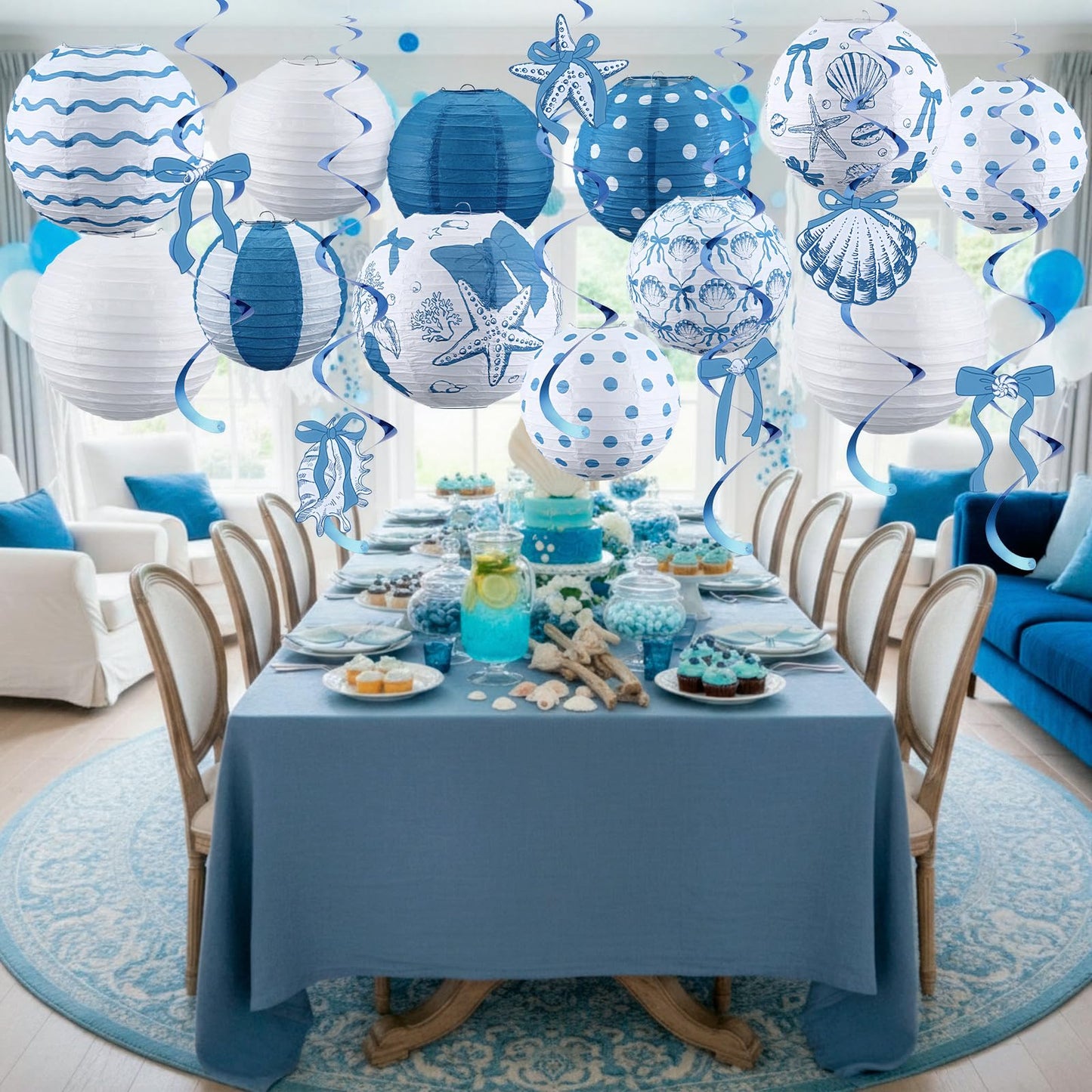 18 Pcs Summer Party Decorations Set Coastal Beach Seashell Paper Lanterns Blue Bow Starfish Hanging Swirls Ocean Nautical Pool Party Hanging Decor for Birthday Wedding Baby Shower Decor