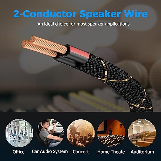14/2 Speaker Wire 25 Feet, 14AWG Gauge Speaker Cable, Direct Burial, Durable Nylon Braided, in Wall, 2 Conductors, OFC Oxygen-Free Copper, for Car Audio Stereos, Home Theater, Surround Sound, Radio