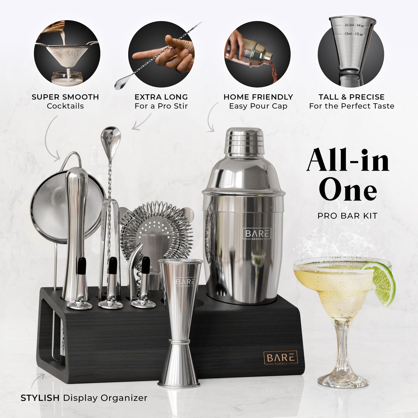 BARE BARREL® Mixology Bartender Kit Bar Set | 14-Piece Cocktail Shaker Set | Martini Barware Mixing Tools for Home Bartending | Incl. 35 Recipe Cards | Gift Set (24oz Cobbler Shaker, Silver/Black)