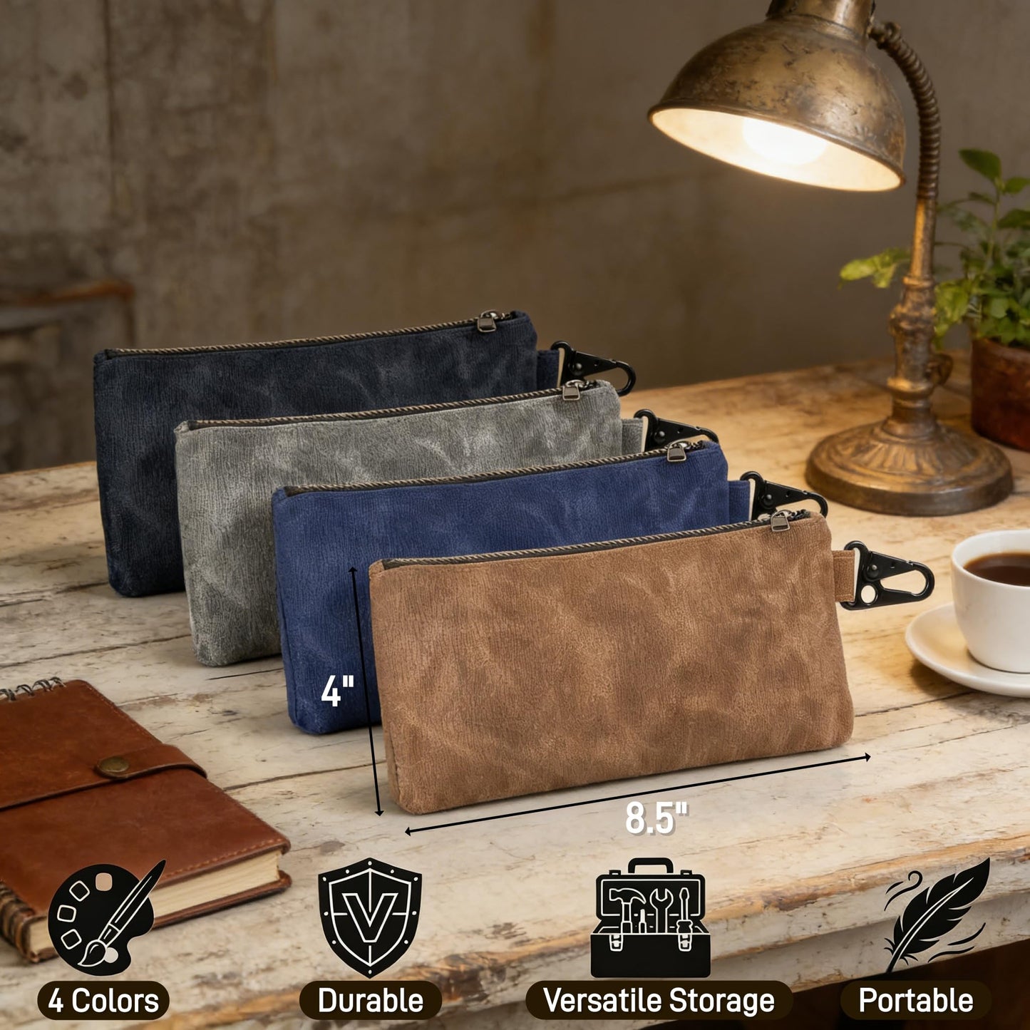 YIMITEE 4 Pack Small Tool Pouches, Waxed Canvas Zippered Pouch, Utility Bag with Zipper, Waterproof Tool Organization and Storage for Stationary, Pencil, Gadgets, Cosmetics, Travel Accessory