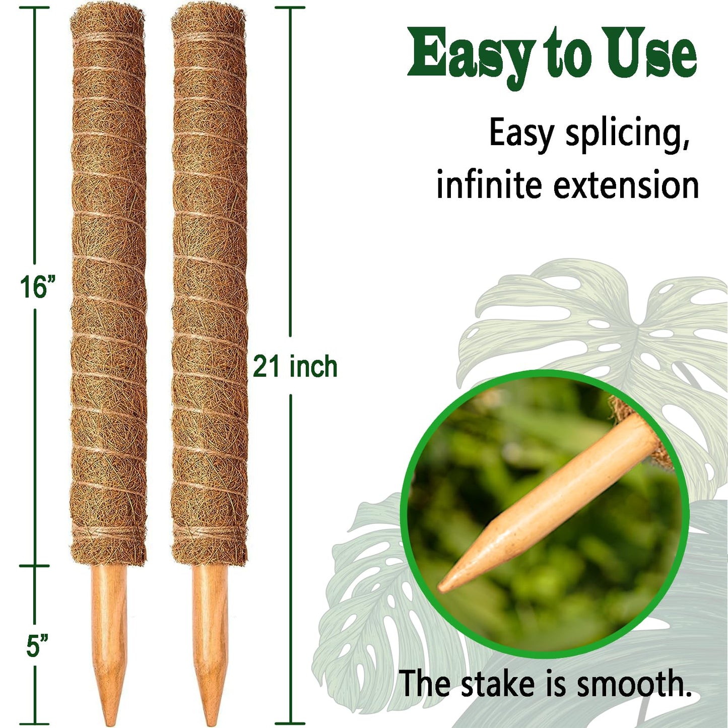 2 Pack 21 Inch Moss Poles, Stackable Moss Pole for Plants Monstera, 37 Inch Tall Moss Poles for Climbing Plants Indoor, Coir Totem Plant Support Stakes Stand for Potted Plants, Pothos