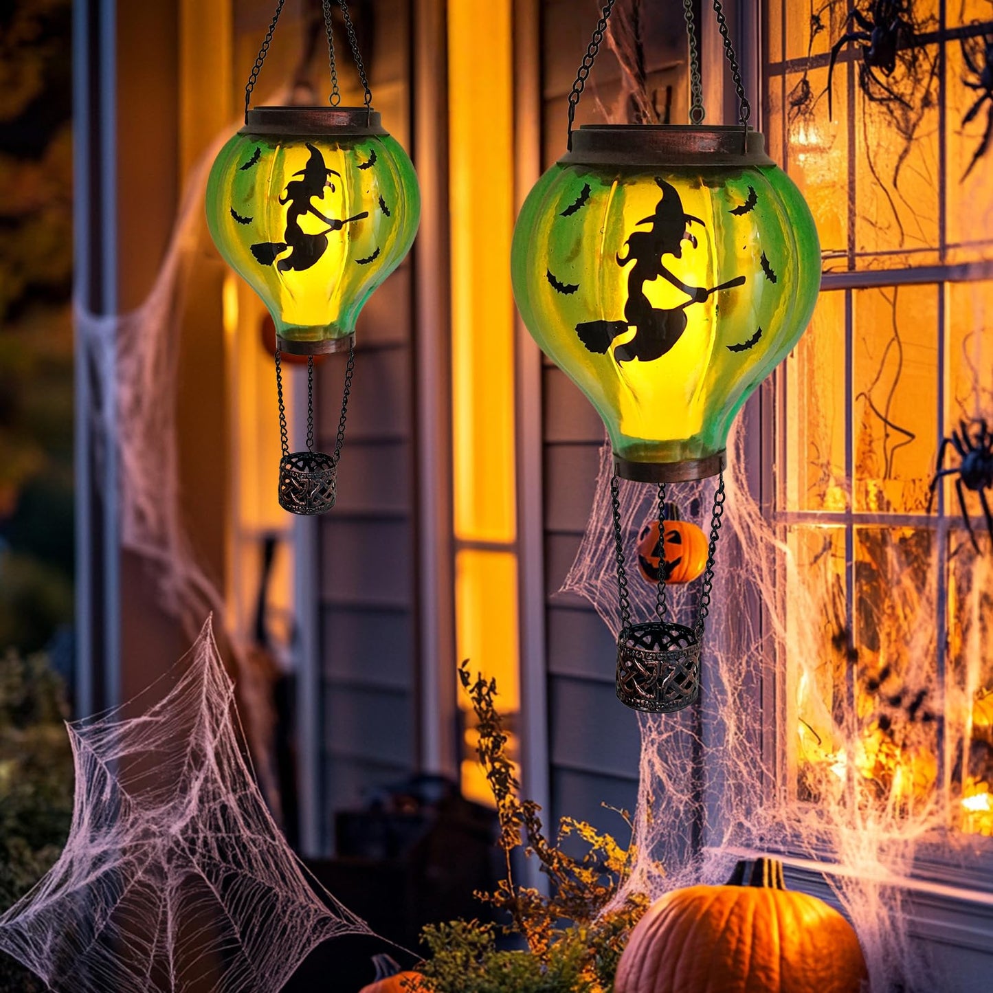 Halloween Decoration Outdoor Hot Air Balloon Solar Lantern with Flickering Flame, Hanging Outdoor Lanterns with Flying Witch Design Waterproof Decor for Garden, Patio, Halloween Party(Witch)