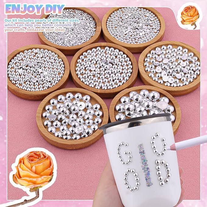 Nail Art Flat Back Half Round Pearl Kits, Mixed Sizes 6000 Pcs with B7000 Jewelry Glue Silver Small Pearls for Nails with Picking Tools for Graduation Cap Decorations Home DIY Body Face Craft Use