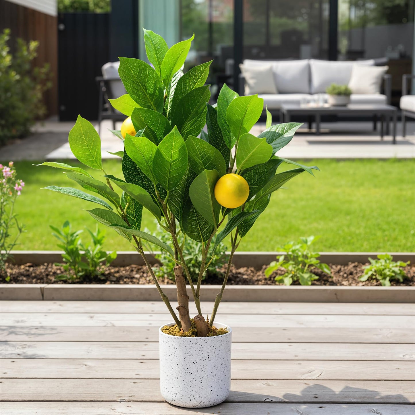 Garvee 2 Pack Artificial Lemon Branch Fake Plants, 19.7" Faux Green Bonsai Tree with White Marble-Look Pot with Black Speckles, Cement Moss Base, Decorative Artificial Plants Indoor for Home & Office