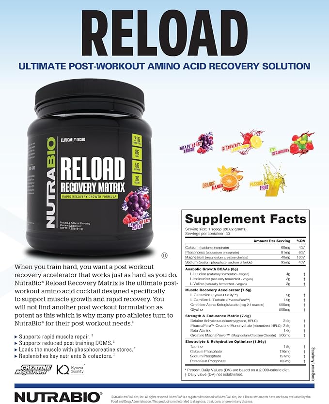 NutraBio Reload - Powerful Muscular Recovery Formula - Post-Workout Supplement - 3G Creatine - 8G BCAAs - 5G Glutamine - 30 Servings, Kiwi Strawberry