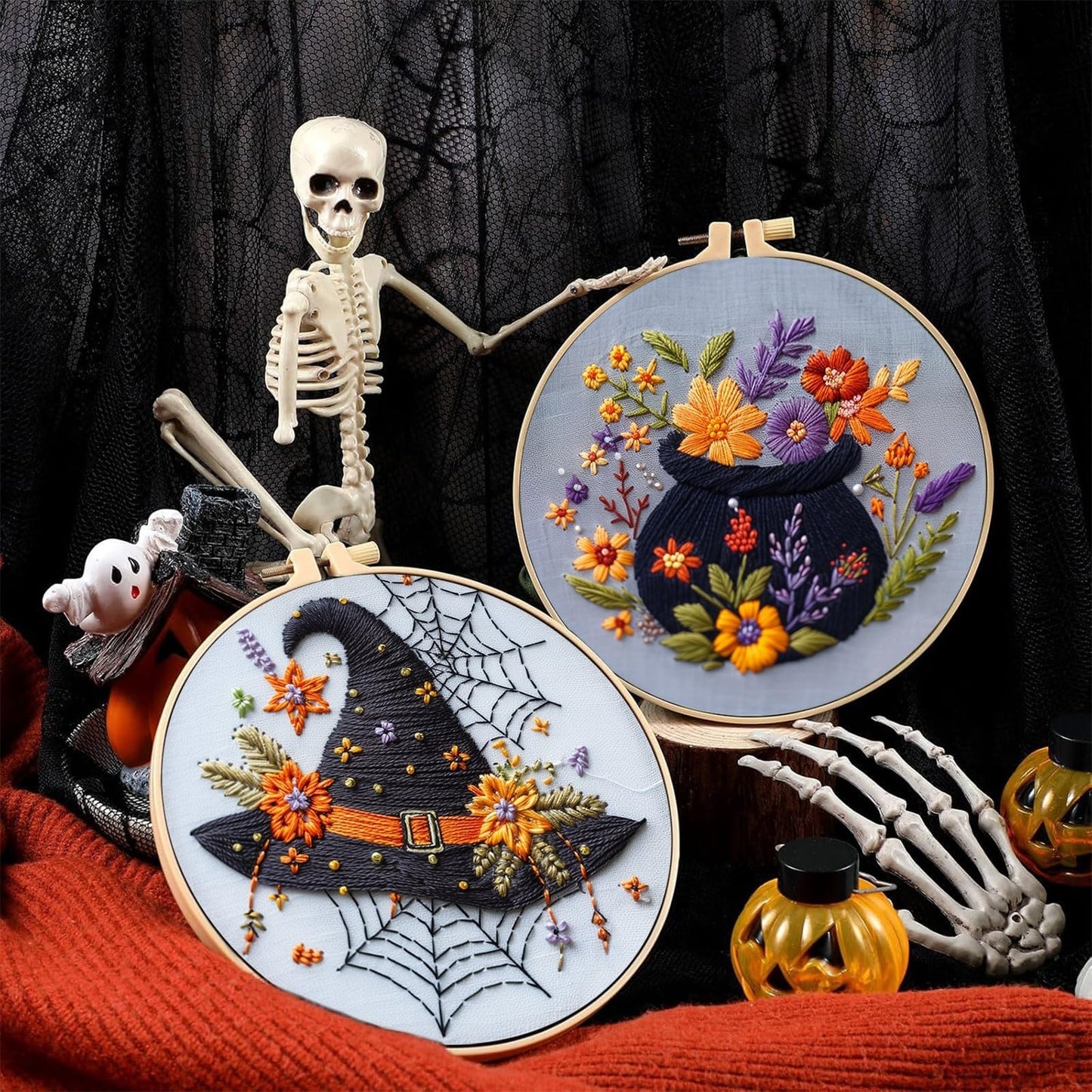 【Beginner Friendly Embroidery】 3 Set Halloween Embroidery Kit, Gothic Embroidery Starter Kit, DIY Stamped Cross Stitch Kits for Adults with Needles and Thread Included