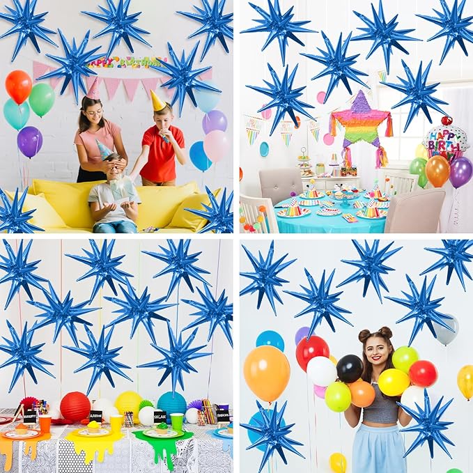 Blue Star Balloons,9Pcs 22Inch Blue Explosion Spike Cone Helium Polyester Film Star Foil Balloons for Birthday Anniversary Baby Shower Wedding Disco Party Decorations