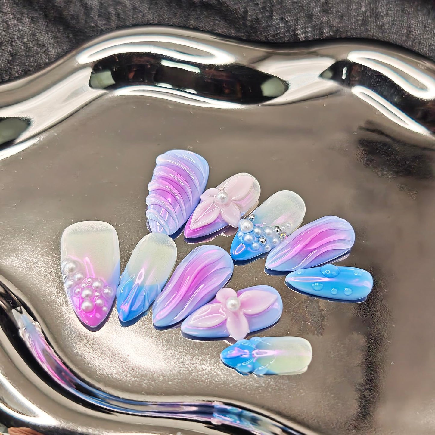ASABITE 10Pcs Handmade Almond Press On Nails Medium French Tip False Nails Blue Purple Gradient 3D Pearl Flower Design Acrylic Nails Press Ons Full Cover Reusable Stick Ons For Women (S)