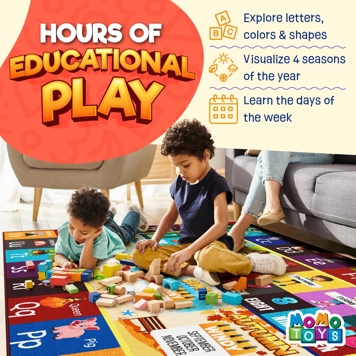 Educational Rug – Non-Slip ABC Carpet for Kids Room – 6.5' x 5' Soft Alphabet Kids Rug for Playroom, Daycare, Preschool, Classroom, Play Mat – Childrens ABC Mat with Letters, Numbers, Animals, Months