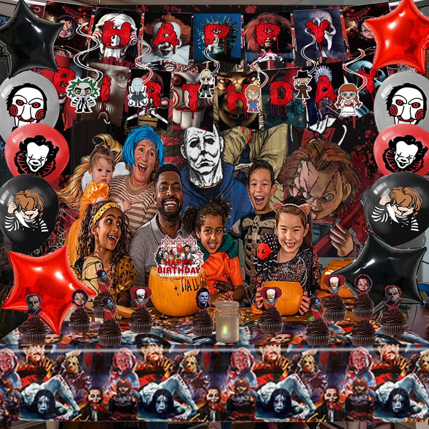 Mtgluk Horror Birthday Party Decorations Kit – 38 Pcs Halloween Themed Supplies with Banner, Backdrop, Tablecloth, Balloons & Cake Toppers for Spooky Celebrations