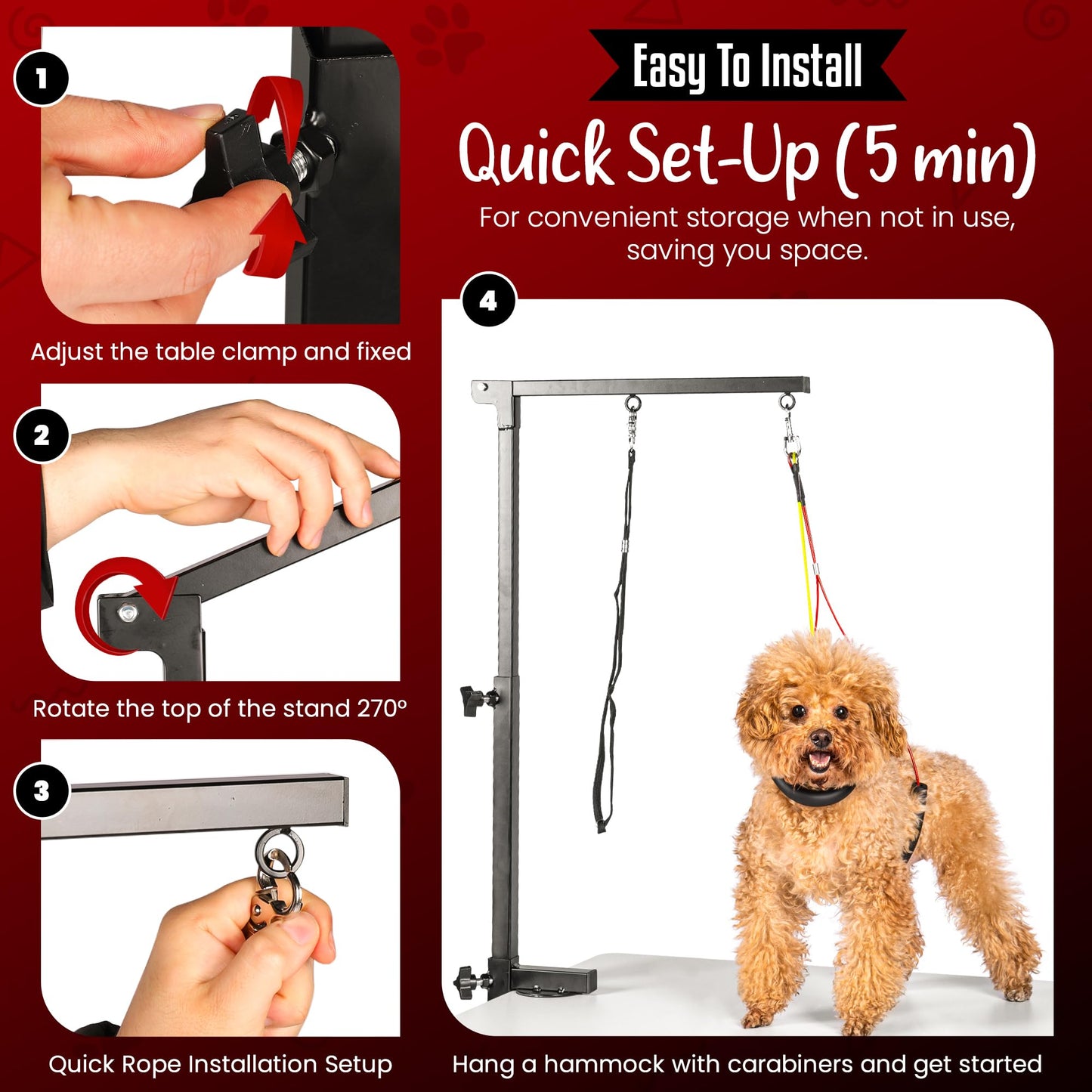 Dog Grooming Arm with Clamp & Pet Grooming Hammock | 4 Extra Bundles | Dog Grooming Stand with Grooming Gloves, Shears & Comb & Nail File | Grooming Table Arm with Adjustable No Sit Haunch Holders