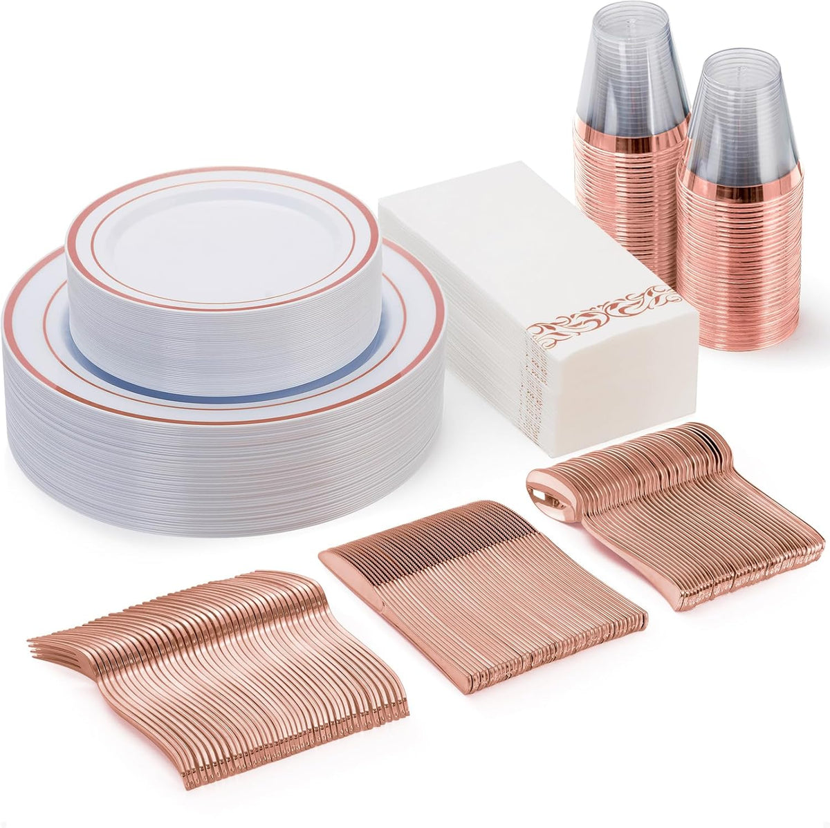 Goodluck 175 Piece Rose Gold Dinnerware Set for 25 Guests, Plastic Plates Disposable for Party, Include: 25 Dinner Plates, 25 Dessert Plates, 25 Paper Napkins, 25 Cups, 25 Silverware Set
