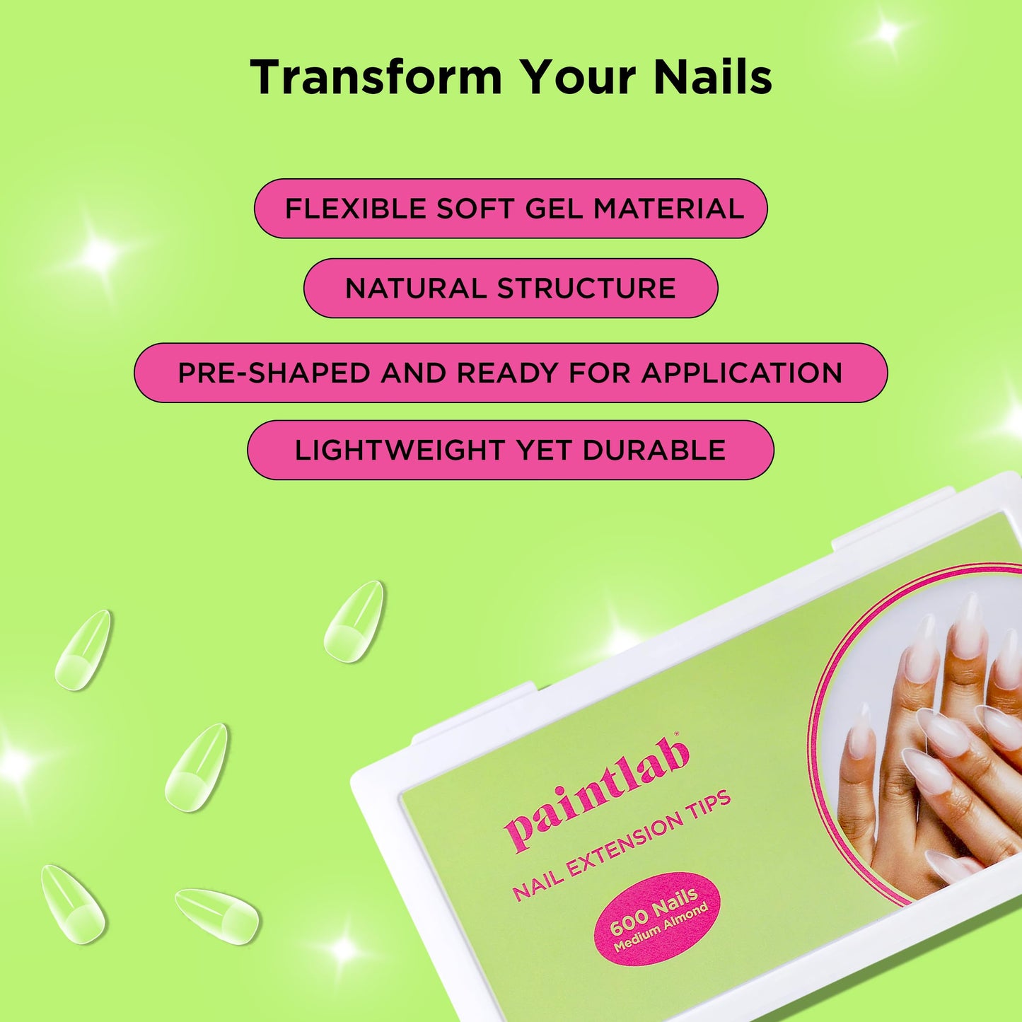 PaintLab Nail Extension Tips, Medium Almond Shape, Lightweight and Durable False Nail Tips for Professional and Home Use, 600-Piece Set