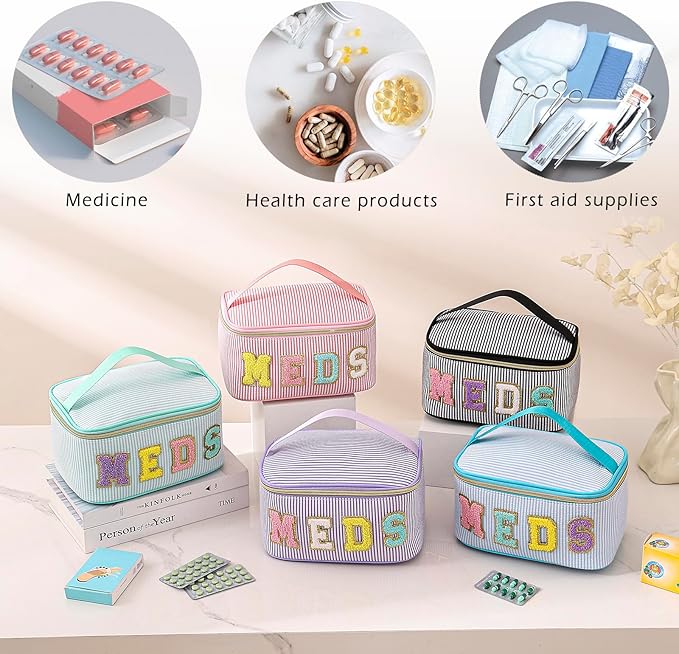 uekeboag Personalized Chenille Letter Seersucker MEDS Makeup Bag,Large Size Medicine RX Cosmetic Bag with Top Handle, First Aid Travel Organizer Bag for Women Girls(04Black)
