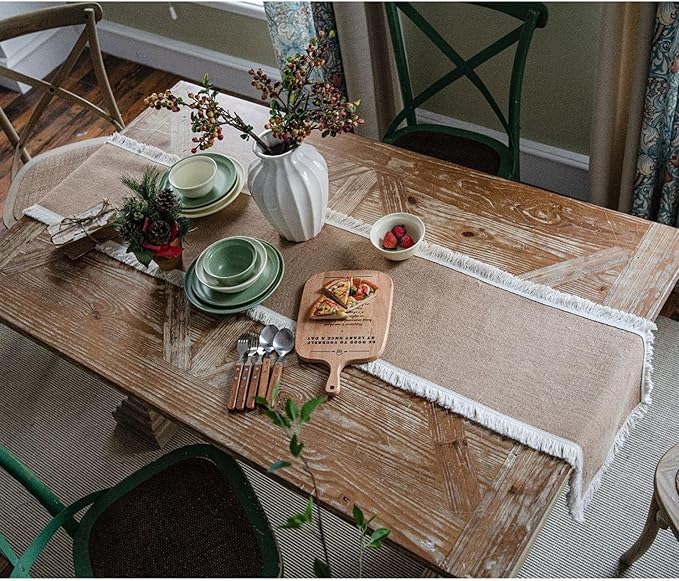 Natural Jute Table Runner, Burlap Style Table Runner, Rustic Farmhouse Table Runner Vintage for Wedding, Party Table Decorations, Boho Décor Jute Round Lace Edge Placemat Set of 4 (30x50cm) TAB28