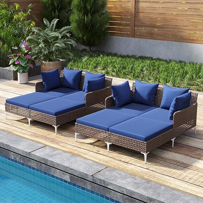 Tangkula Outdoor Rattan Double Daybed, Boho Wicker Chaise Lounge for 2 with Seat & Back Cushions, Outdoor Sunbed Loveseat with Metal Support for Backyard, Poolside & Deck (Navy)