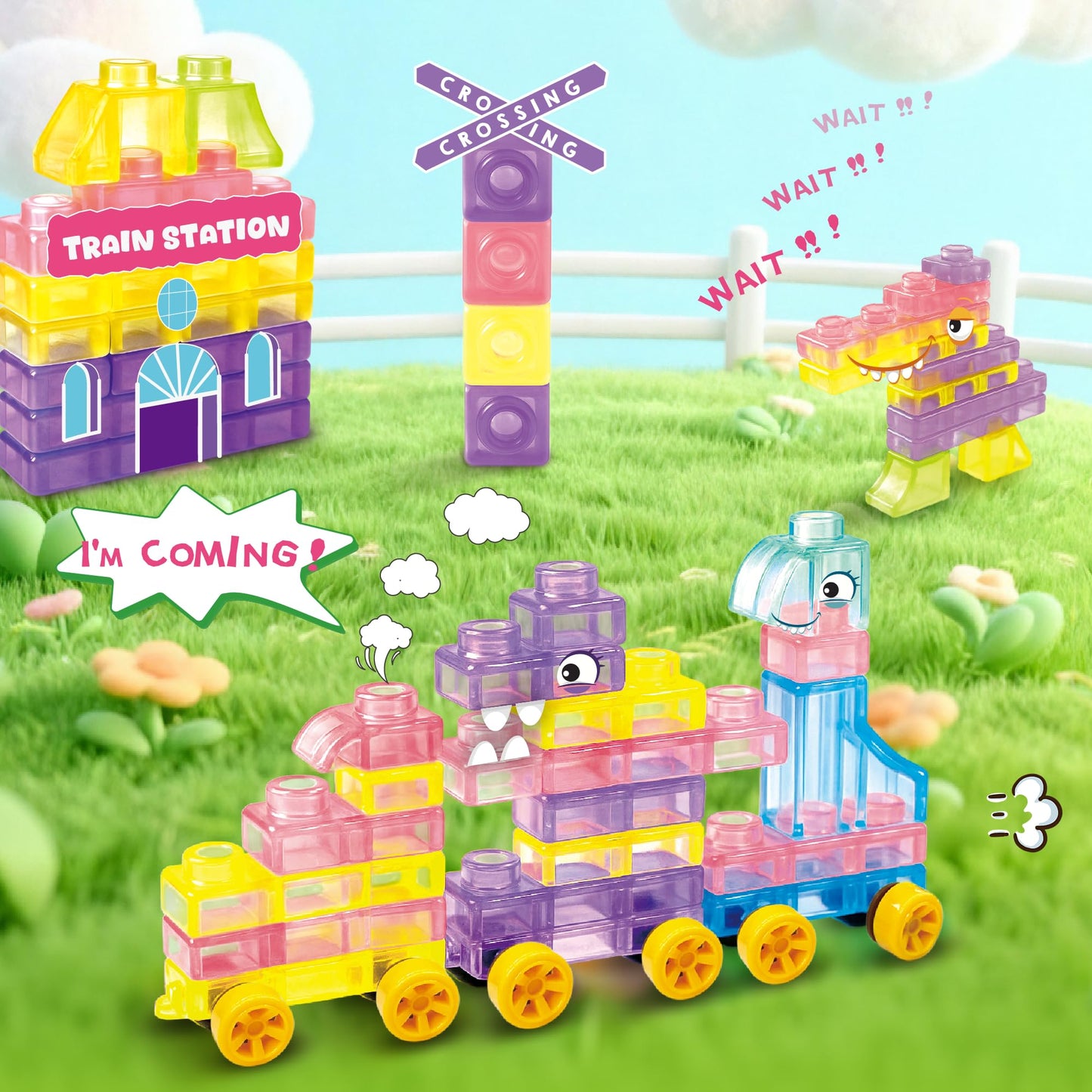 Soft Train Building Blocks with Wheels, 42 PCS Montessori Sensory Stacking Blocks, Toddler Learning Toy with Station, Squeezable, Stretchable & Stackable Tactile Toys, Preschool Creative Play for Kids