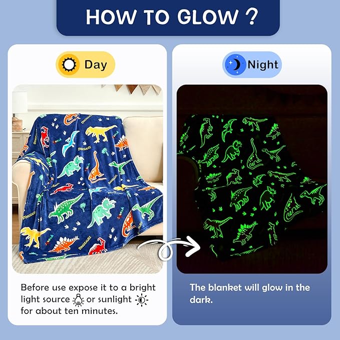 SOCHOW Glow in The Dark Dinosaur Blanket for Sons Daughters, Toys for 3-10 Year Old Preteen Teen Birthday Presents, Soft Cozy Flannel Throw Blanket for All Seasons, Blue 50 x 60 Inches