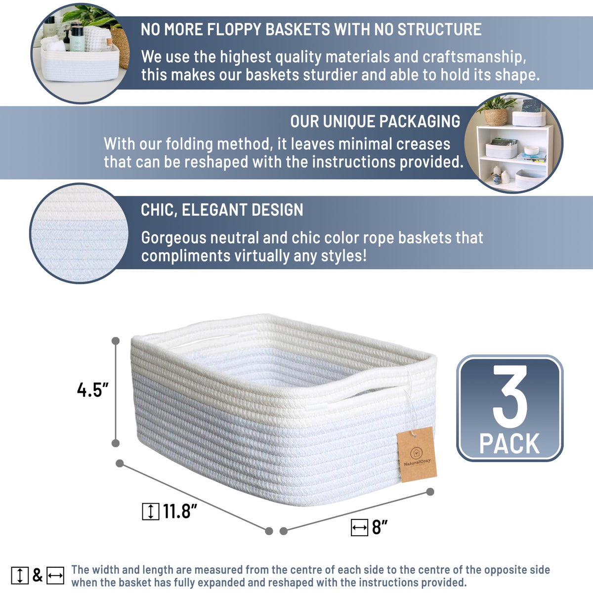 11.8"x8"x4.5” Rectangle Storage Baskets for Shelves 3 Pack (3 Count)