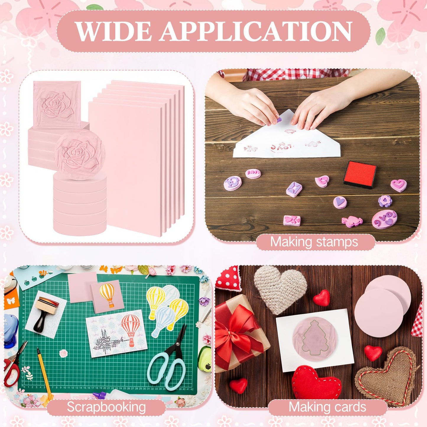 Innconee 18 Pcs Rubber Stamp Carving Blocks Linoleum Blocks 4"x6" and 2"x2" Round Square Rectangle Block Carving Kit for Stamp Crafts DIY Project(Pink)