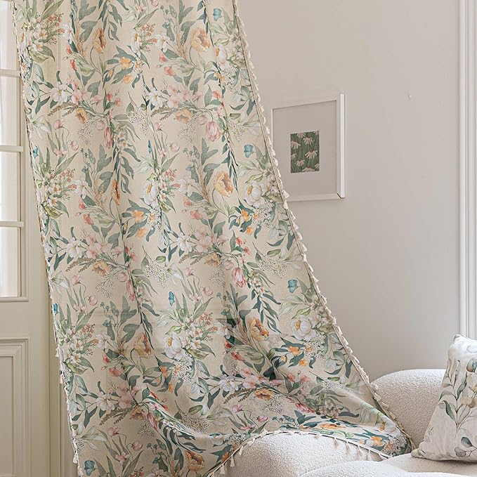 Floral Sheer Curtains 96 inch Long, Fringed Edges and Textured Semi Sheer Curtains Large Window Treatments for Living Room/Bedroom, 2 Panels
