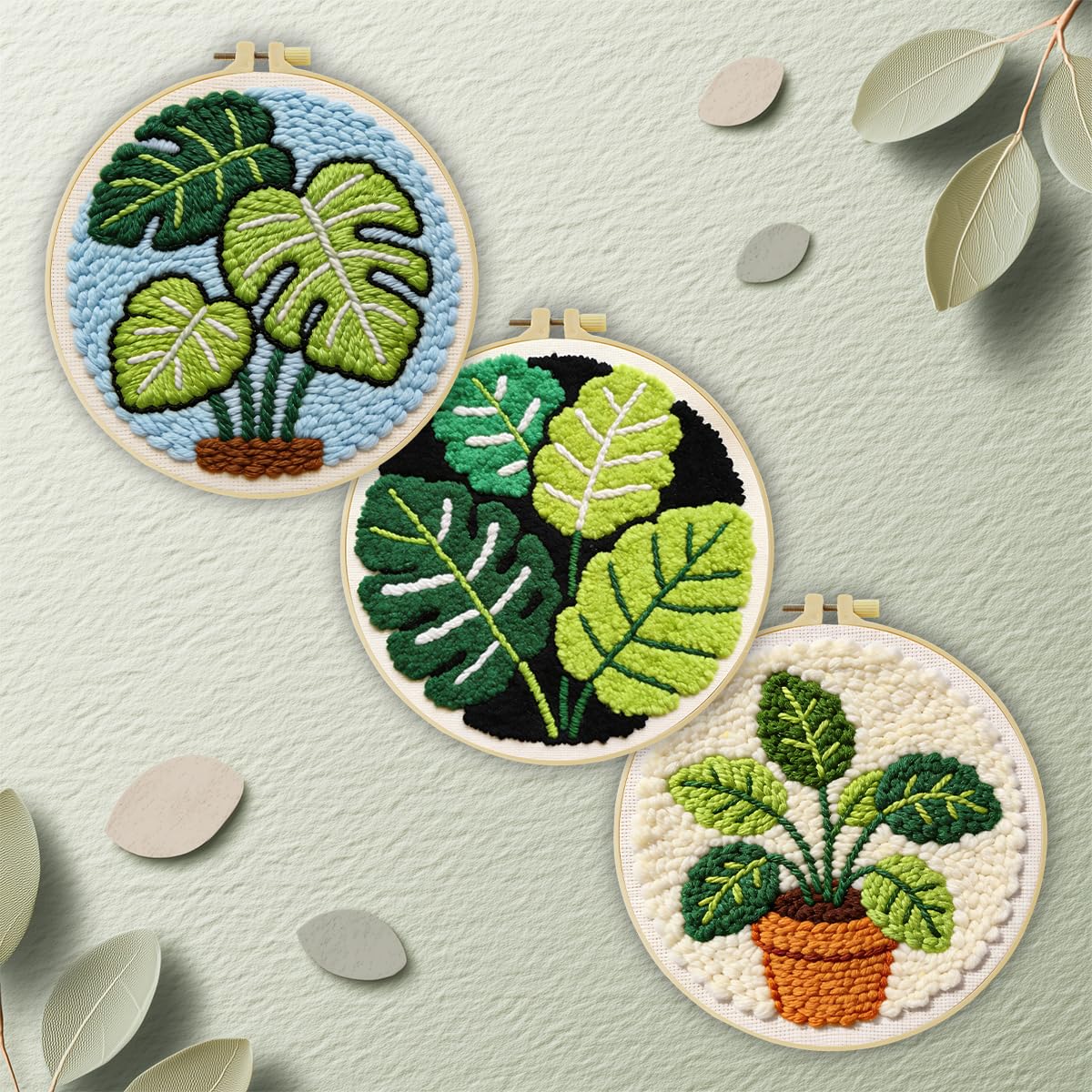 JOZYSH Green Plants of Various Shapes Punch Needle Kits for Beginner, DIY Punch Needle Kit Adults Beginner Include 3 Pre-Printed Fabrics, Embroidery Hoop, Threads, Craft Gifts and Decorations