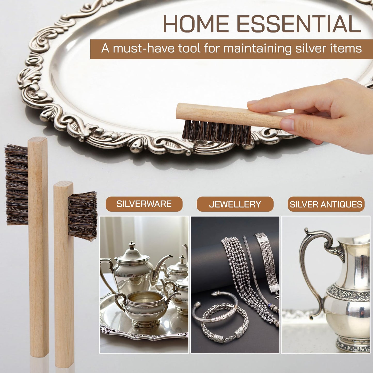 Horsehair Detail Brush Set 2pcs Silver Cleaning Brushes & Polish Cloth Perfect for Detailing, Polish Work, Fine and Heirloom Silverware Plateware Jewelry, Ultimate Solution for a Gleaming Finish