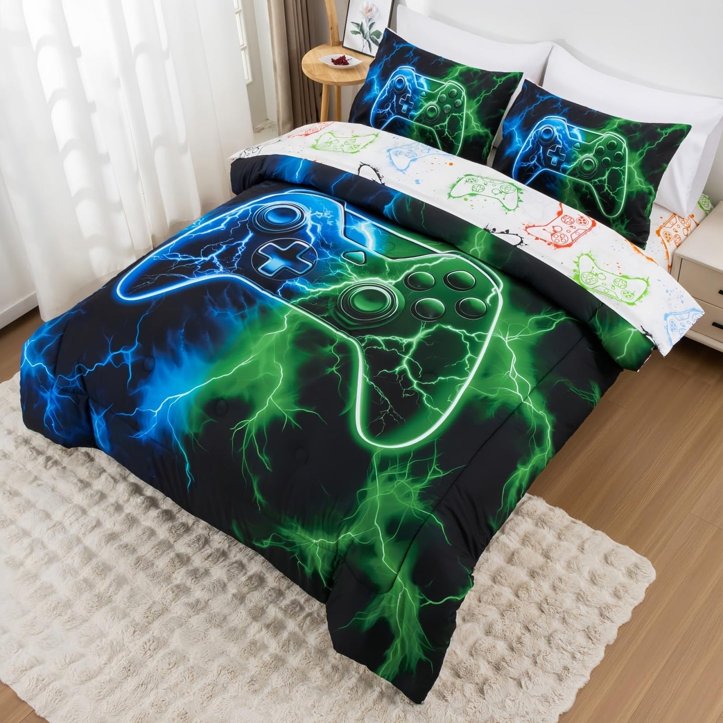 Meeting Story Gaming Bedding Set Twin, 3D Game Controller Design Twin Comforter, Gamer Themed Bedding Set for Boys, Suitable for All Seasons(Bluegreen)