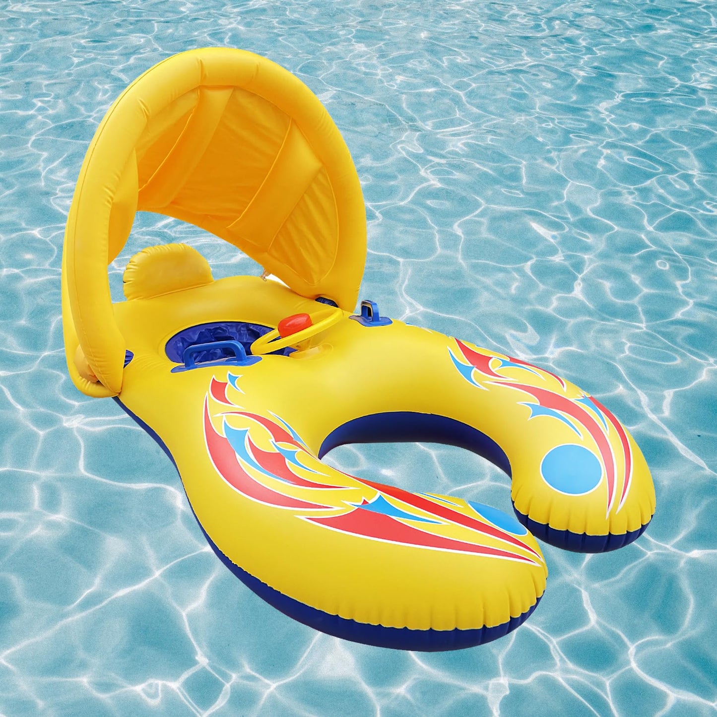 EEOCWF Mommy Baby Pool Float with Canopy Detachable, Interactive Parents Toddlers Swimming Ring, Inflatable Infant Pool Floaty Toddler Floats with Handle for Summer