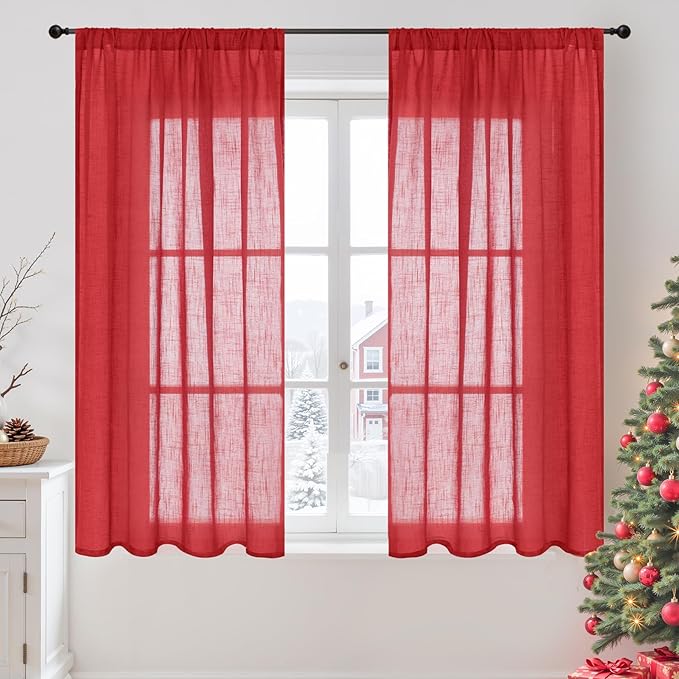 BGment Short Red Linen Curtains 48 Inch Length for Windows, Light Filtering Drapes Semi Sheer with Rod Pocket for Small Bedroom Living Room Lightweight, 2 Panels Set, Each 42 Inch Wide